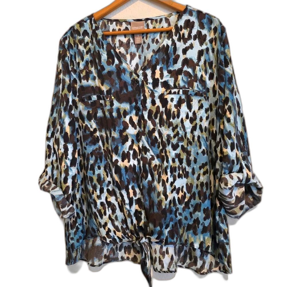 Chico's Top Roll Tab Sleeve Blue Animal Print Office Faux Pocket Size 3=XL-16